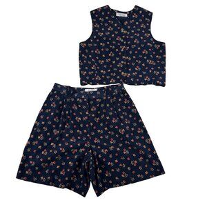 Karen Scott Womens Two-Piece Navy Floral Cottagecore Vest & Shorts 90's Vintage